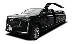 Long black Cadillac limousine with open door and lifted gullwing-style roof.