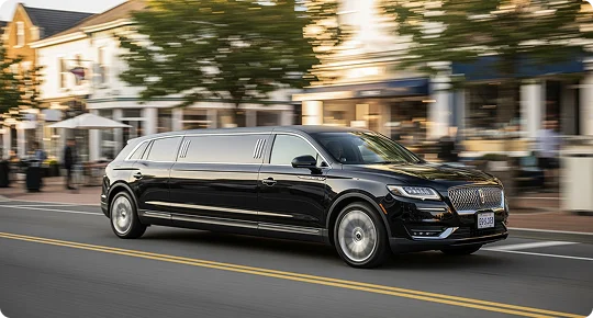 A long, black stretch limousine based on a Lincoln Nautilus SUV is driving down a sunny, tree-lined street in a small town or suburban downtown area. The car is in motion, indicated by the motion blur in the background, which features storefronts, pedestrian areas, and blurred figures.