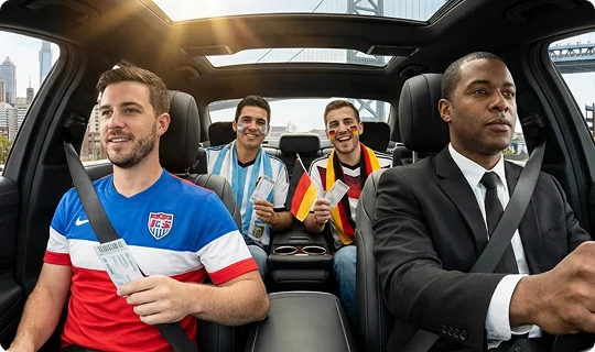 Inside a luxury vehicle with a panoramic sunroof, a chauffeur in a black suit drives three enthusiastic sports fans. The passengers are holding tickets and wearing apparel representing the USA, Argentina, and Germany, with the Philadelphia city skyline and Ben Franklin Bridge visible through the windows.