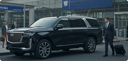 A luxury black Cadillac SUV waits at the airport curbside as business travelers approach.