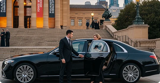 A chauffeur opens a sleek black Mercedes for a woman in formalwear outside a grand museum with lit pillars and a city skyline behind.