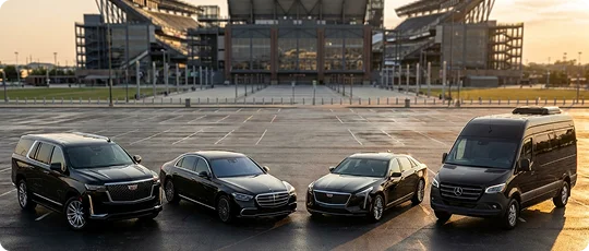 A fleet of four black luxury vehicles—including an SUV, two sedans, and a sprinter van—is parked in an empty lot in front of a massive, modern stadium at sunset. The damp pavement reflects the golden light and the vehicles' silhouettes against the backdrop of the stadium's grandstands.