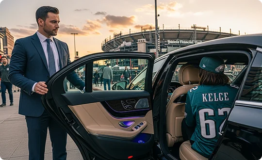 A professional chauffeur in a navy suit opens the rear door of a black luxury sedan for a passenger wearing a Philadelphia Eagles jersey and cap. Lincoln Financial Field is visible in the background under a sunset sky.