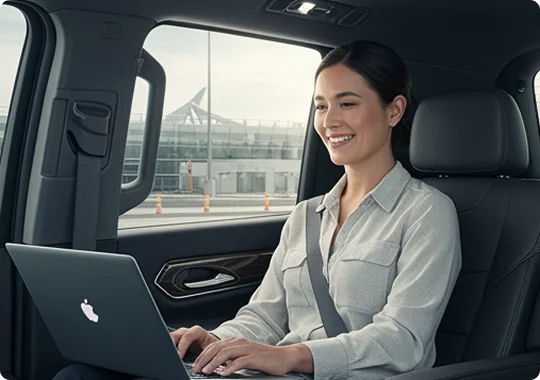 Businesswoman works on her laptop inside a spacious SUV, highlighting productivity and comfort during airport transportation in Philadelphia.
