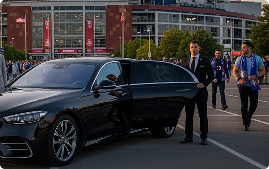 A chauffeur in a black suit holds the rear door of a black luxury sedan open for two young men wearing blue sports scarves. The vehicle is parked in a large lot in front of a stadium during the day.
