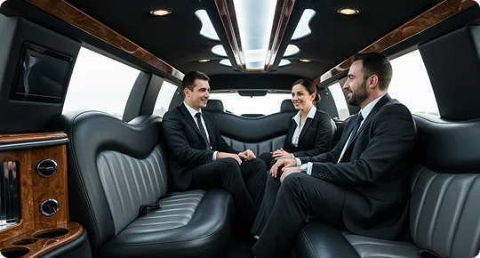 The interior of a luxurious limousine shows three formally dressed people—two men and one woman—sitting comfortably on the black leather bench seats, smiling and talking. The interior features wood trim, a sleek black and gray color scheme, and strip lighting on the ceiling.