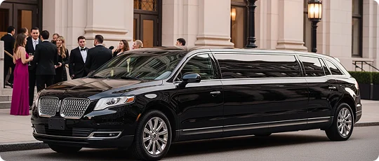 A sleek, black stretch limousine based on a Lincoln SUV is parked in front of a grand building with stone columns and steps, while a group of people in formal attire, including tuxedos and evening gowns, mingle on the steps in the background.