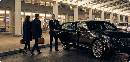 A chauffeur in a black suit holds open the door of a black luxury sedan for a well-dressed couple carrying leather bags at a modern airport terminal at night.