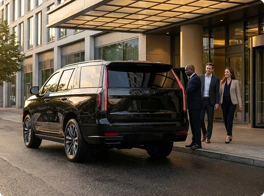 A professional chauffeur in a black suit holds open the rear door of a black luxury SUV for a smiling man and woman as they exit a modern hotel or office building under a large glass awning.