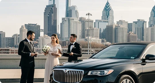 A chauffeur in a black suit stands next to a newlywed couple—the bride holding a white bouquet—while a black luxury sedan is parked in the foreground, with the prominent skyline of Philadelphia visible in the background.
