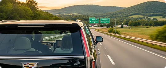 Rear view of a black Cadillac driving through green hills on a winding highway at sunset, with passengers visible inside.