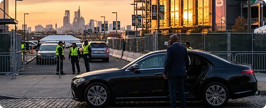 A professional chauffeur in a dark suit stands by an open rear door of a black luxury sedan at sunset. In the background, security personnel in neon vests stand near a gated entrance, with the Philadelphia city skyline visible in the distance.