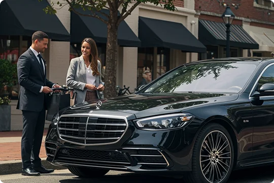 Chauffeur handing over a shopping bag to a female passenger beside a black Mercedes-Benz sedan.