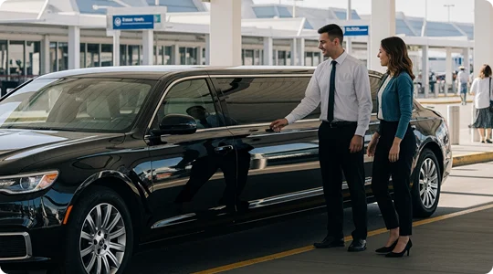 A professional chauffeur, a smiling man in a white shirt and tie, opens the door of a black luxury sedan for a woman in business casual attire at an airport terminal pick-up curb.