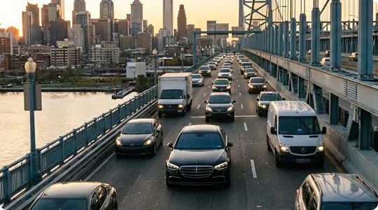 A black luxury sedan leads a line of traffic across the Ben Franklin Bridge during a golden hour sunset. The Philadelphia city skyline and the Delaware River are visible to the left.