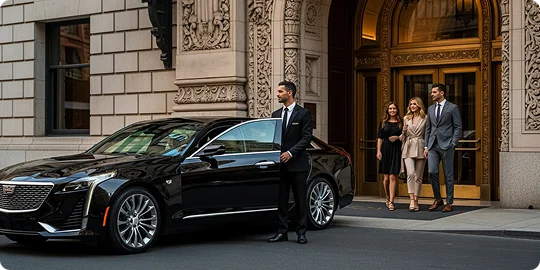A professional chauffeur in a black suit holds open the rear door of a black Cadillac sedan for three people in business attire walking out of a grand, ornate building entrance.