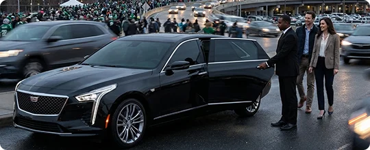 A professional chauffeur in a black suit holds open the rear door of a black Cadillac sedan for a man and woman walking toward the vehicle in a busy city setting.
