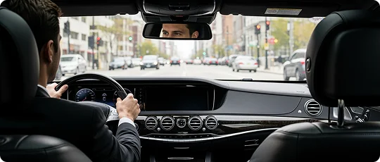 Rear side view of a chauffeur focused on road while driving a private black car with modern black interior. City setting showing a traffic signal and buildings on both sides are visible in foreground of the picture from windscreen.