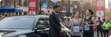 Chauffeur waiting with a black car near marathon runners at the Philly Marathon.