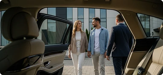 A view from inside a luxury vehicle looking out the open rear door at a smiling couple walking toward the car. A chauffeur in a suit stands ready to assist them in a modern paved plaza.