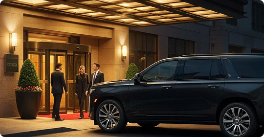 Three professionals greet each other outside a hotel entrance next to a black Cadillac SUV.