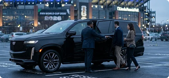 A professional chauffeur in a suit opens the rear door of a black luxury SUV for a man and woman in a parking lot. Lincoln Financial Field, displaying FIFA World Cup 2026 branding, is visible in the background at dusk.