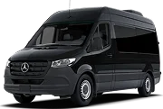 Black Mercedes-Benz Sprinter Van angled to the right, parked on a beige background.