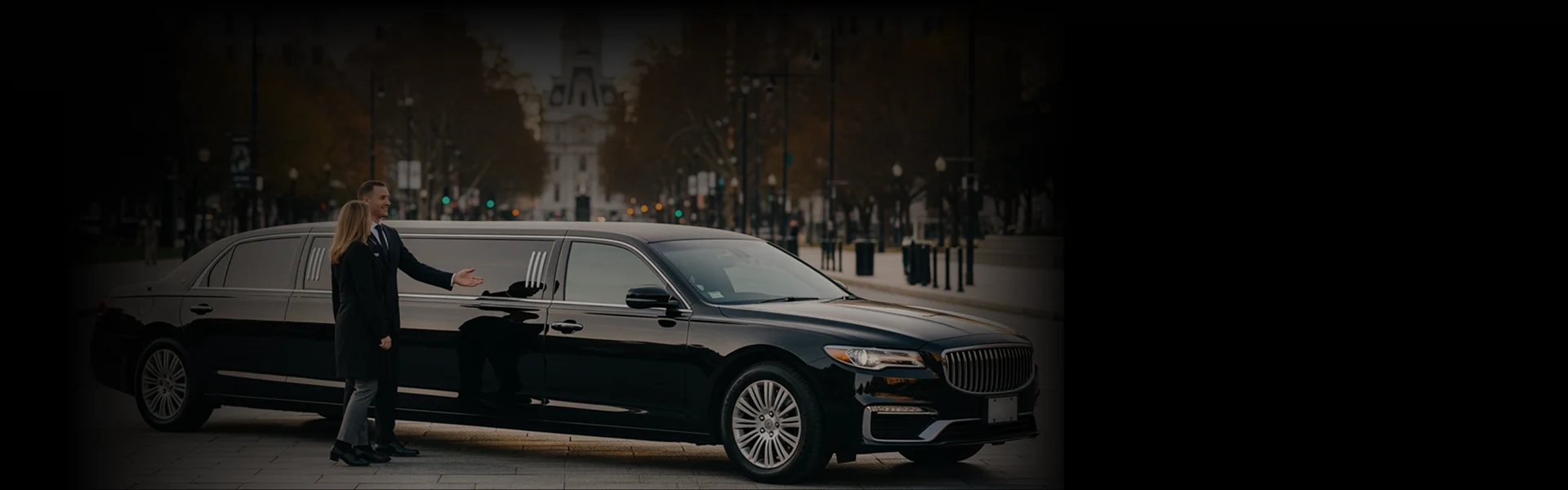 A professional chauffeur, a smiling man in a suit, gestures towards the front passenger door of a luxurious, black stretch limousine for a woman in a black coat. The scene takes place outdoors on a city street, likely in Philadelphia given the architecture visible in the blurred background.