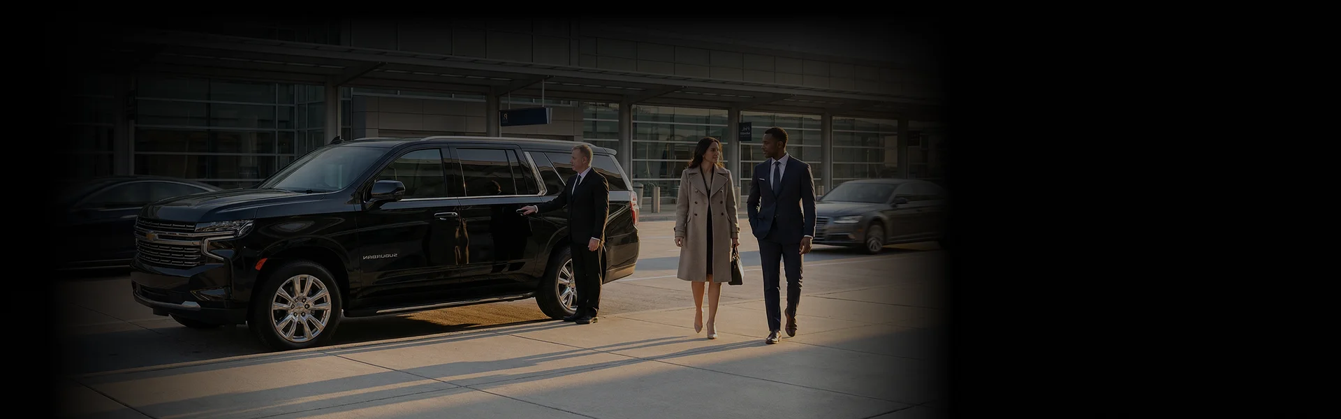 A professional chauffeur in a black suit holds open the door of a black Chevrolet Suburban SUV for a man and woman in business attire. The scene takes place outdoors at an airport terminal or modern building during the daytime.
